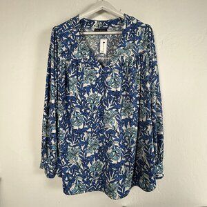 Lane Bryant Women's Floral Print V-Neck Casual Long Sleeve Blouse Blue 22/24 NWT